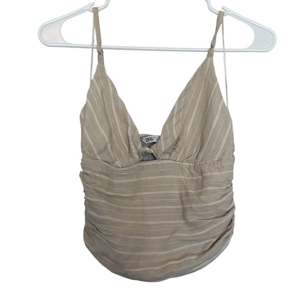 Zara Linen Blend Twist Front Tank Stripe Smocked Women's Large